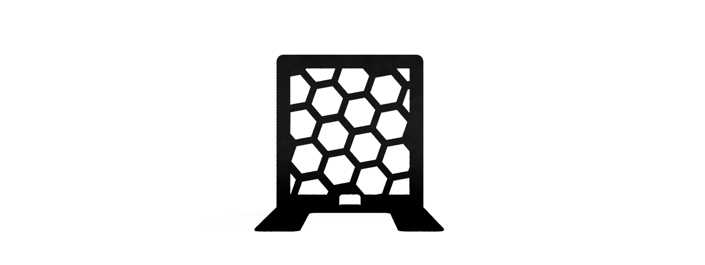 black bookends with a honeycomb geometric pattern, designed to hold books upright on a shelf.
