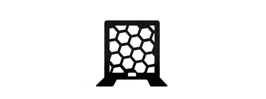 black bookends with a honeycomb geometric pattern, designed to hold books upright on a shelf.
