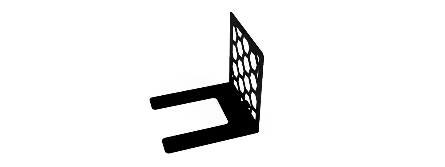black bookends with a honeycomb geometric pattern, designed to hold books upright on a shelf.