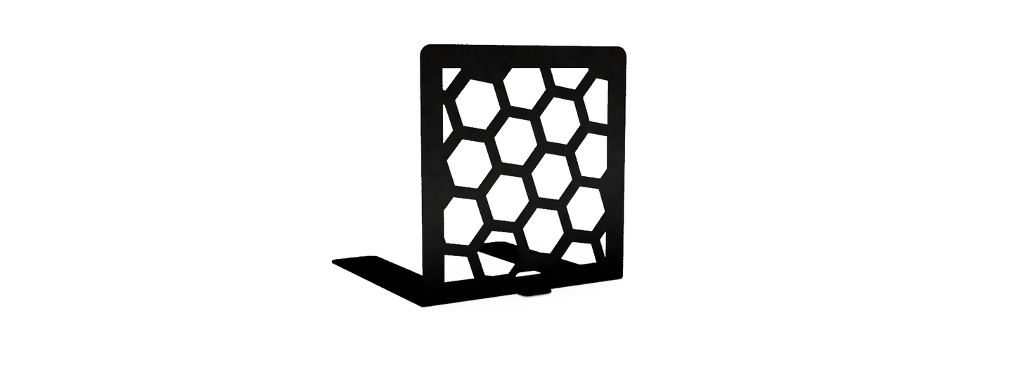 black bookends with a honeycomb geometric pattern, designed to hold books upright on a shelf.
