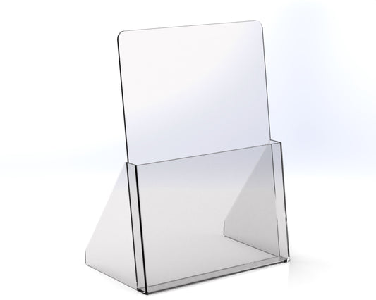 Angle to the right clear acrylic free-standing brochure holder on a white background.