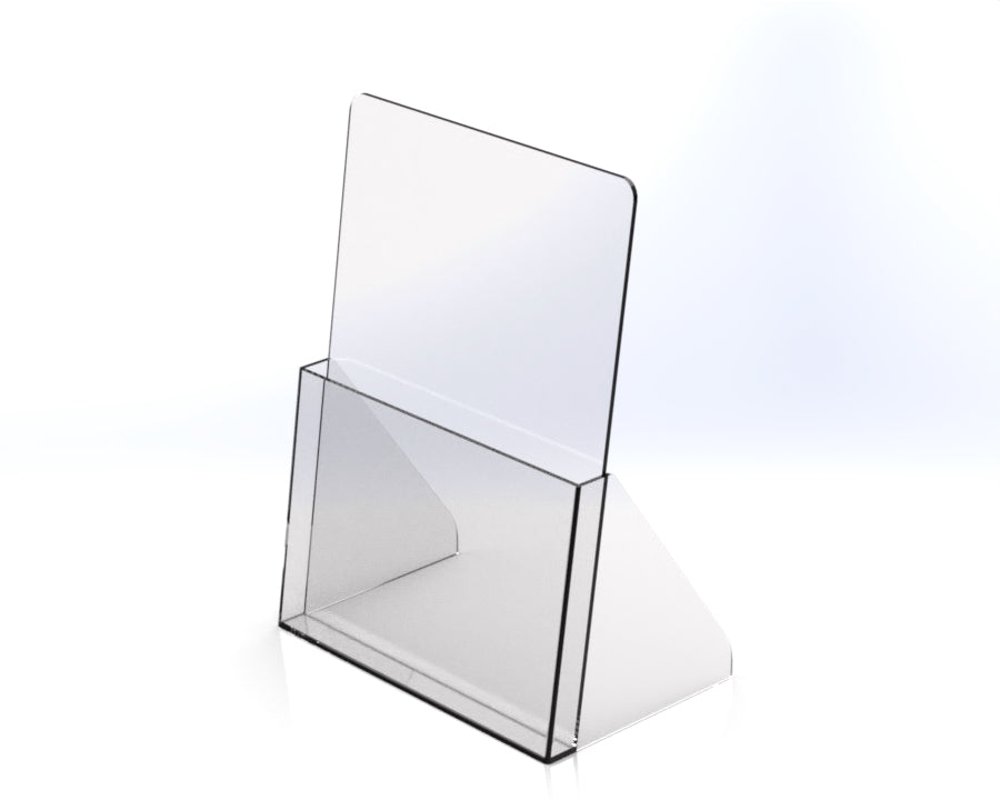 angled to the left clear acrylic free-standing brochure holder on a white background.