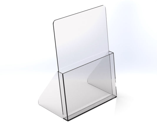 A clear acrylic free-standing brochure holder on a white background.