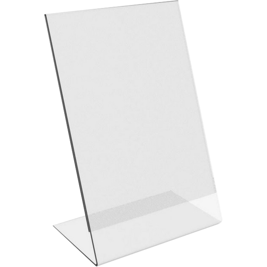 A clear acrylic L-shaped menu stand with a stable base.
