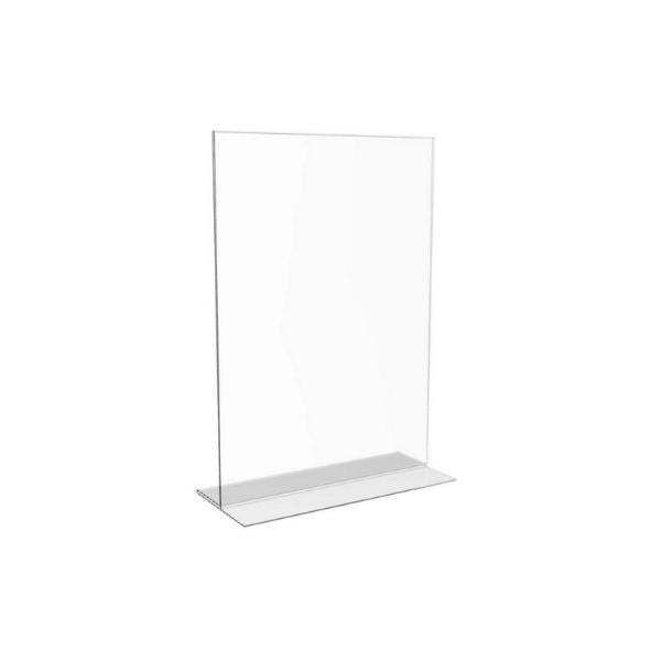 A clear acrylic T-menu stand with a stable base, designed to hold signs or menus double-sided.