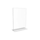A clear acrylic T-menu stand with a stable base, designed to hold signs or menus double-sided.