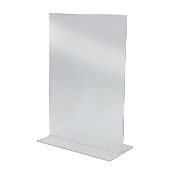 slightly angled clear acrylic T-menu stand with a stable base, designed to hold signs or menus double-sided.
