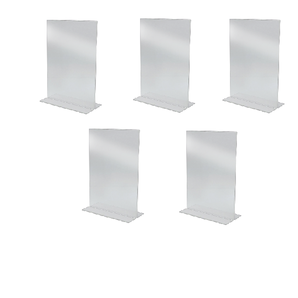 multiple  clear acrylic T-menu stand with a stable base, designed to hold signs or menus double-sided.