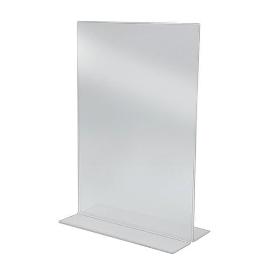 slightly angled clear acrylic T-menu stand with a stable base, designed to hold signs or menus double-sided.
