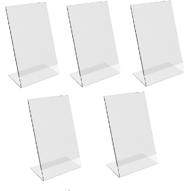 multiple photos of a clear acrylic L-shaped menu stand with a stable base.