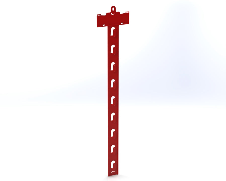 Maroon mobile hanging hook display strip with multiple hooks, used for retail merchandise.