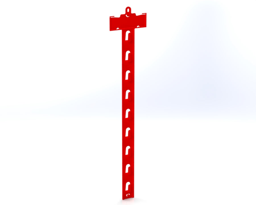 Red mobile hanging hook display strip with multiple hooks, used for retail merchandise.