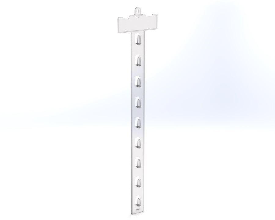 Clear mobile hanging hook display strip with multiple hooks, used for retail merchandise.