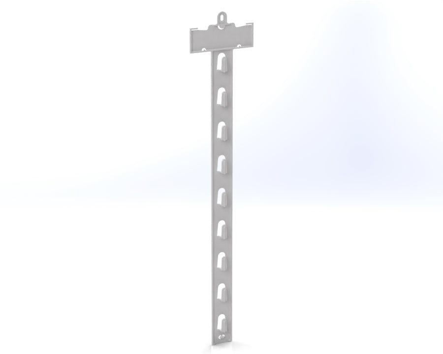 White mobile hanging hook display strip with multiple hooks, used for retail merchandise.