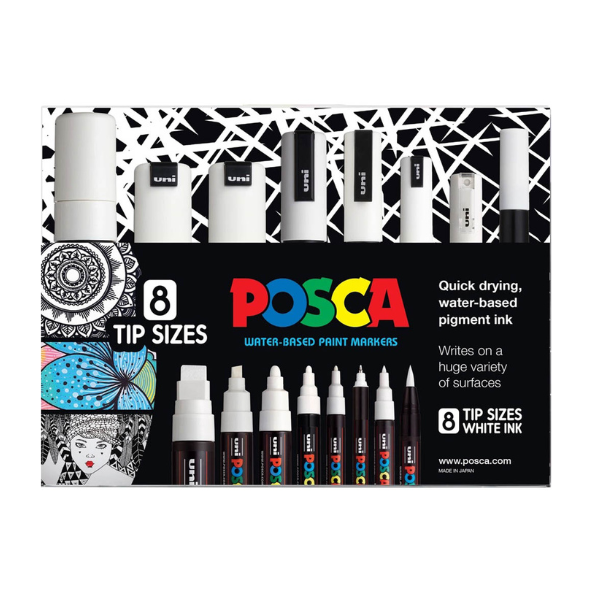 Posca packaging with white markers with assorted tip sizes