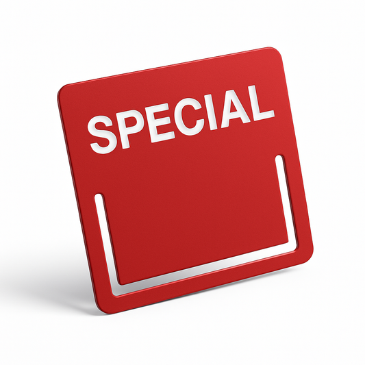 Red shelf-edge insert promo window with ‘SPECIAL’ text for in-store promotions.