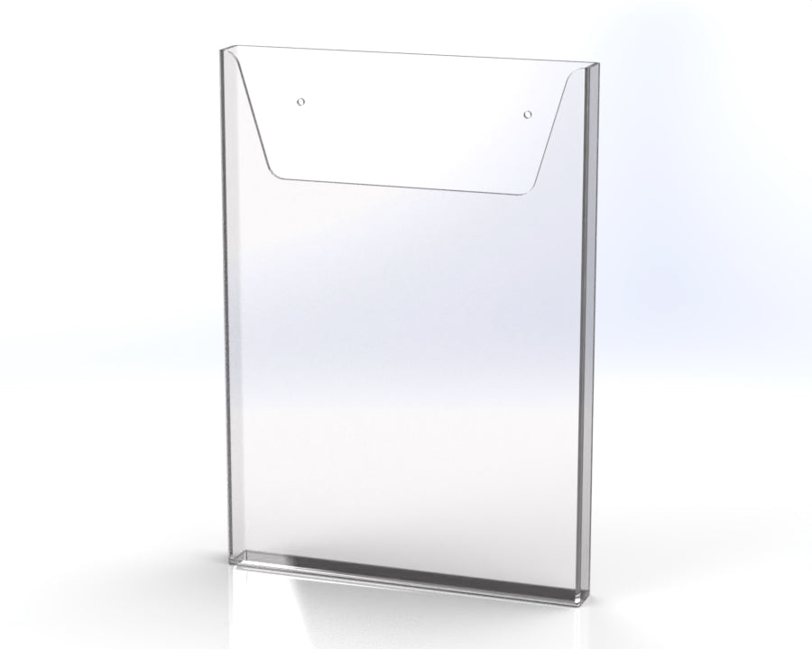 A clear acrylic wall mounted brochure holder with a sleek design.