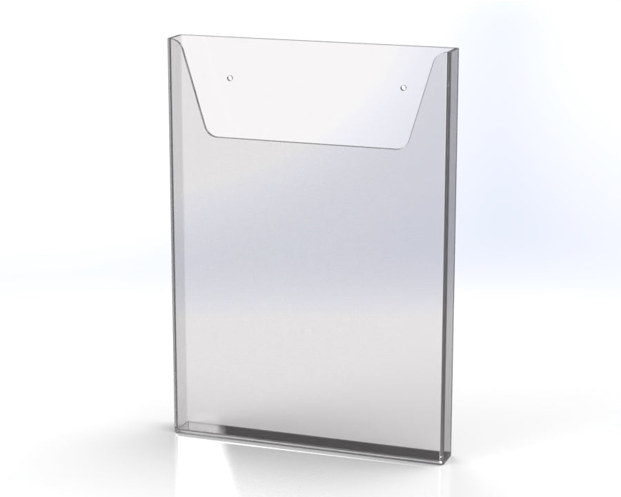 A clear acrylic wall mounted brochure holder with a sleek design.