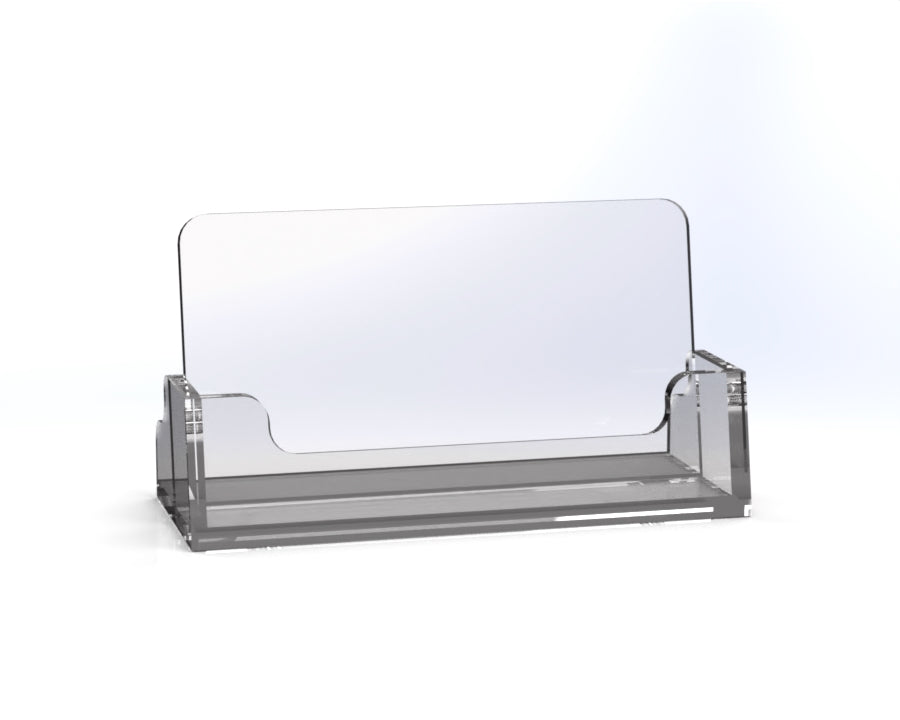 A clear acrylic business card holder designed for desk use with a simple, sleek design.