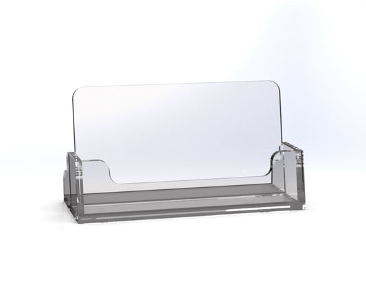 A clear acrylic business card holder designed for desk use with a simple, sleek design.