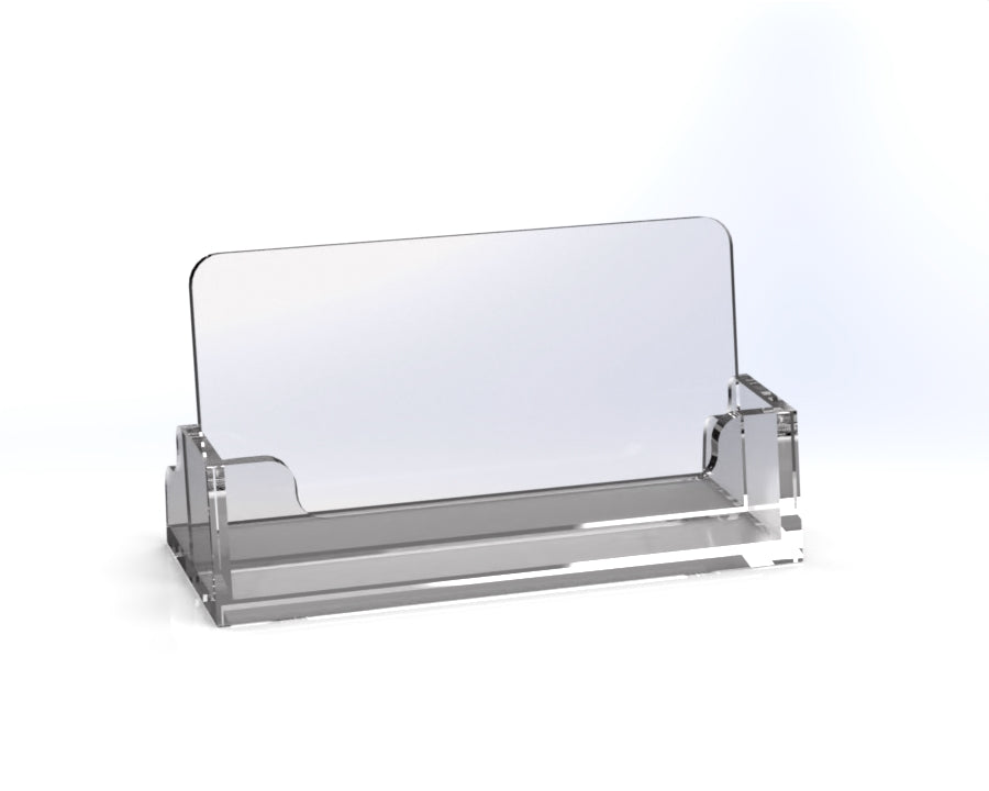 A clear acrylic business card holder designed for desk use with a simple, sleek design.