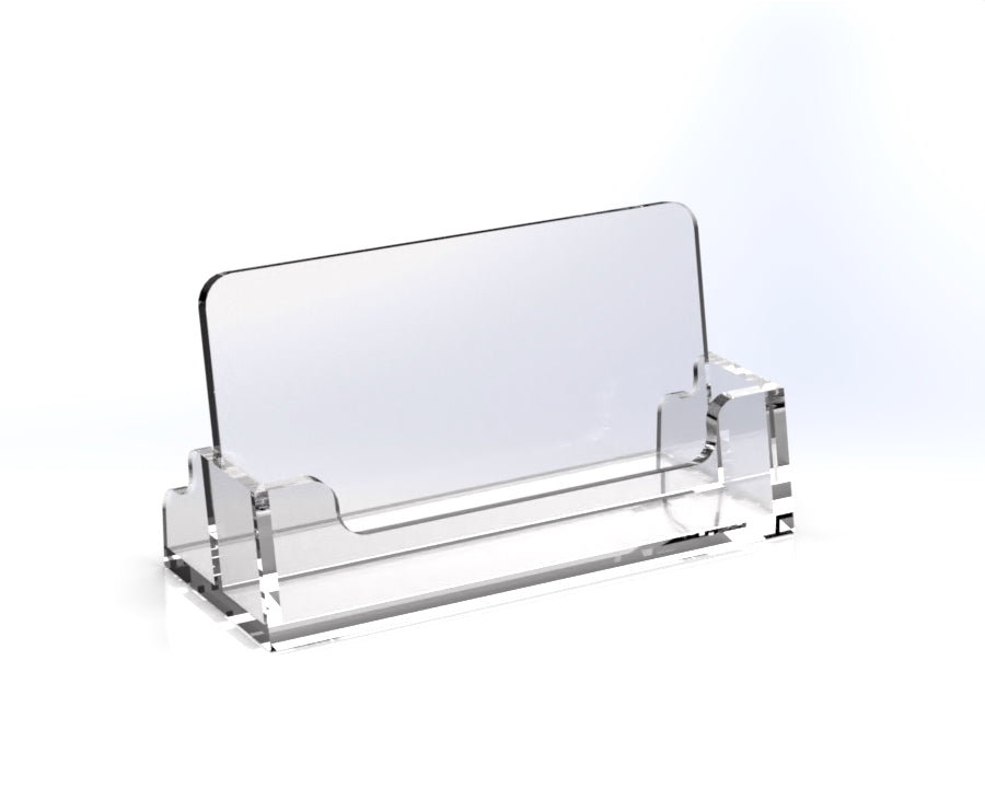 A clear acrylic business card holder designed for desk use with a simple, sleek design.