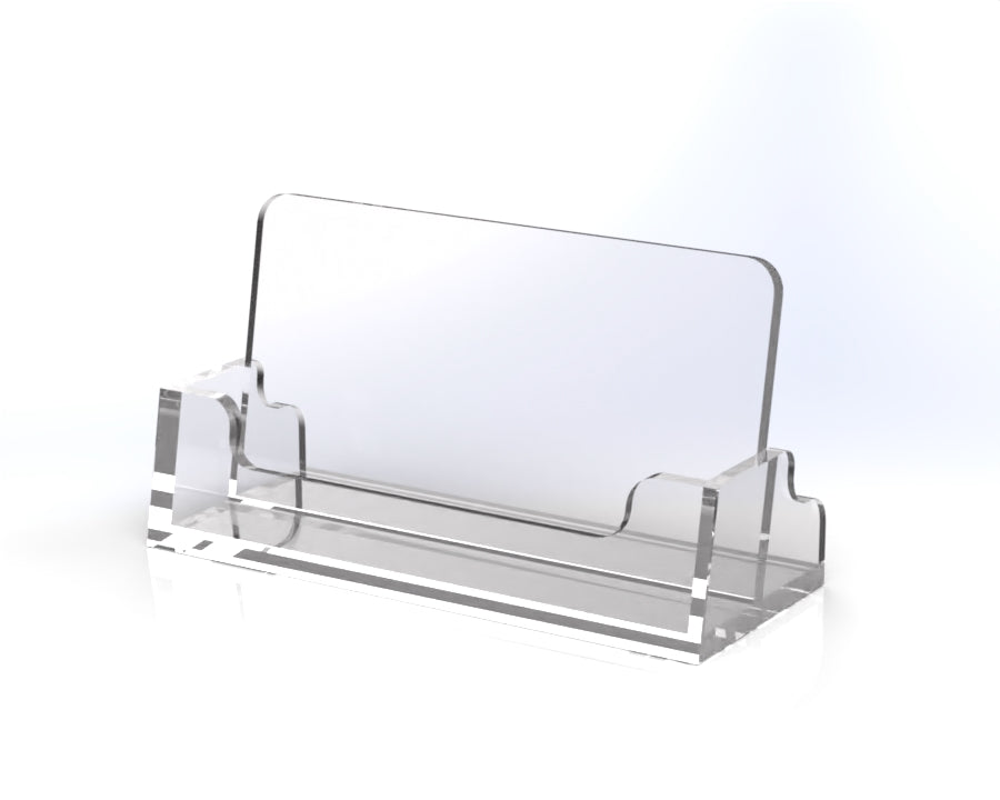A clear acrylic business card holder designed for desk use with a simple, sleek design.