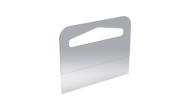 A clear plastic hangtab with a peel-and-stick adhesive design, intended for displaying products on peg hooks or shelves.