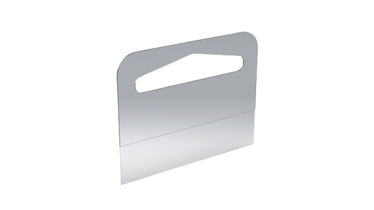 A clear plastic hangtab with a peel-and-stick adhesive design, intended for displaying products on peg hooks or shelves.