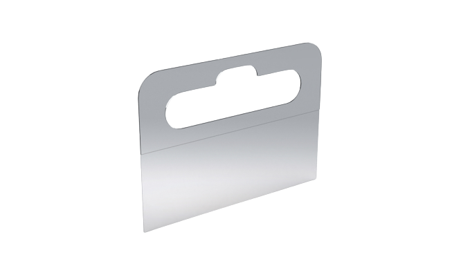 A clear plastic hangtab with a peel-and-stick adhesive design, intended for displaying products on peg hooks or shelves.
