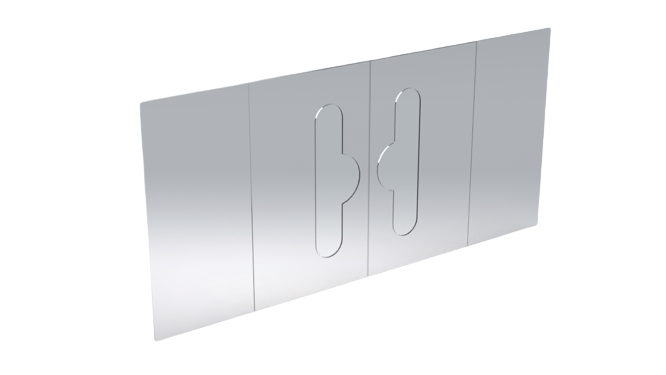 A clear plastic hangtab with a peel-and-stick adhesive design, intended for displaying products on peg hooks or shelves.