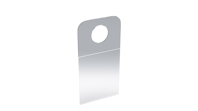 A clear plastic hangtab with a peel-and-stick adhesive design, intended for displaying products on peg hooks or shelves.