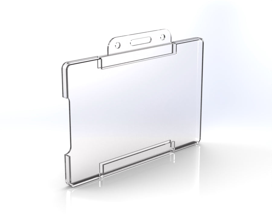 A clear plastic ID card holder designed for use with lanyards or clips, featuring a slot for cards and a snap closure.