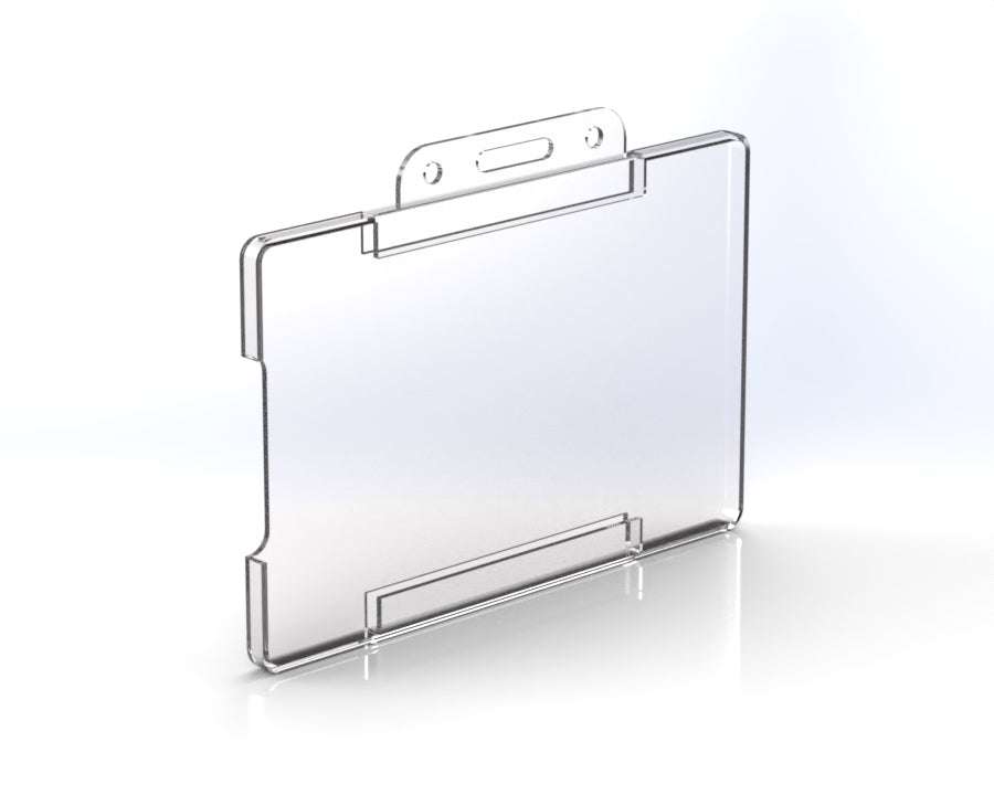 A clear plastic ID card holder designed for use with lanyards or clips, featuring a slot for cards and a snap closure.