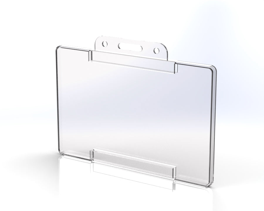 A clear plastic ID card holder designed for use with lanyards or clips, featuring a slot for cards and a snap closure.