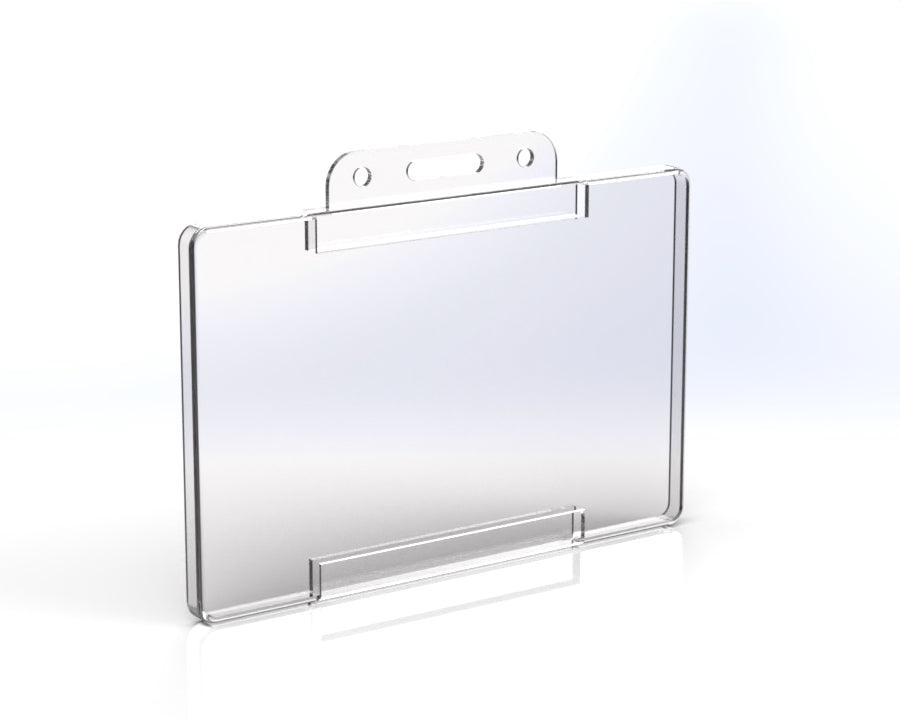 A clear plastic ID card holder designed for use with lanyards or clips, featuring a slot for cards and a snap closure.
