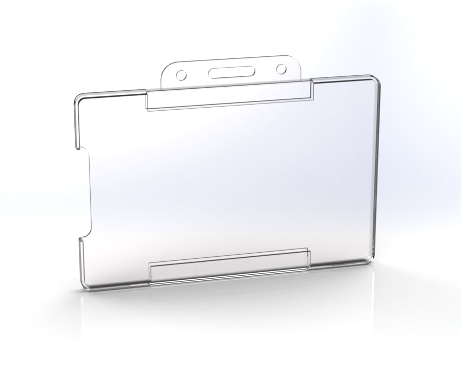 A clear plastic ID card holder designed for use with lanyards or clips, featuring a slot for cards and a snap closure.