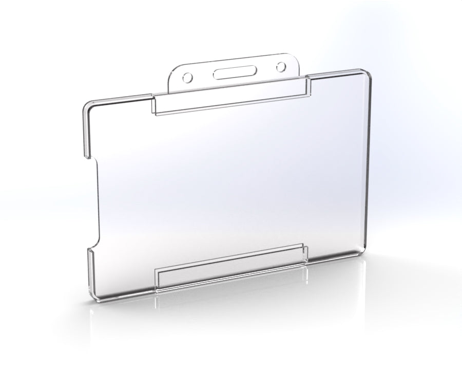 A clear plastic ID card holder designed for use with lanyards or clips, featuring a slot for cards and a snap closure.