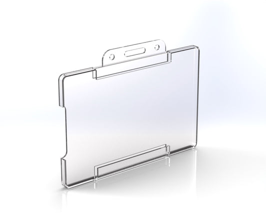 A clear plastic ID card holder designed for use with lanyards or clips, featuring a slot for cards and a snap closure.