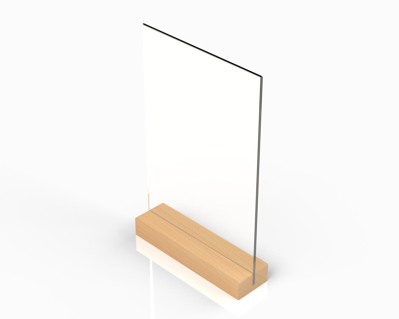 Angled side view of a wooden menu stand with a clear acrylic panel on top of a wooden base.