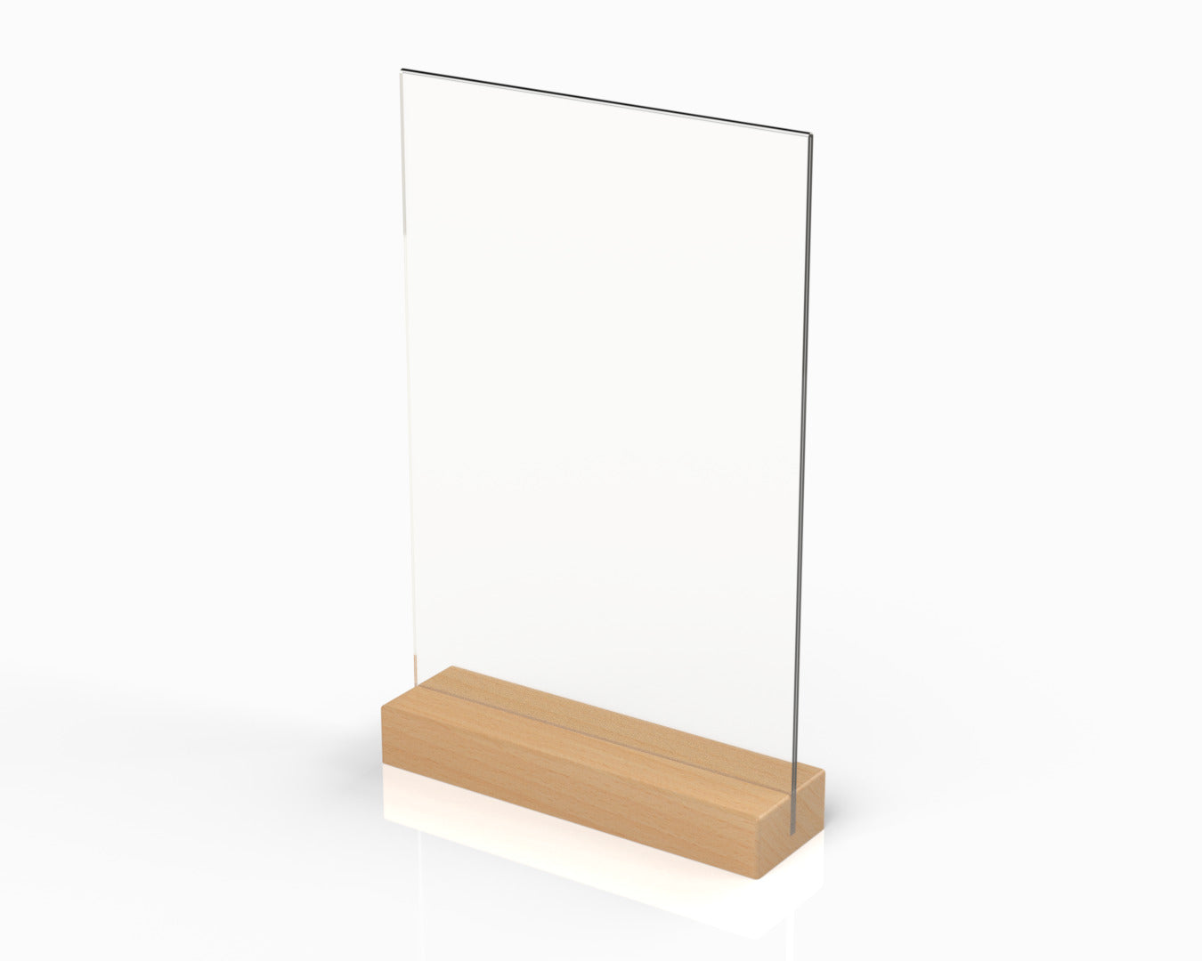 angled side view of a wooden menu stand with a clear acrylic panel on top of a wooden base.