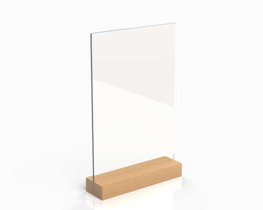 A wooden menu stand with a clear acrylic panel on top of a wooden base.