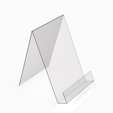 Side profile of acrylic A4 book stand showing its thickness and base support