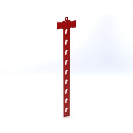 Maroon mobile hanging hook display strip with multiple hooks, used for retail merchandise.