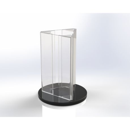 Clear acrylic rotating display stand on a white background