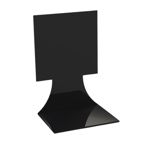 A glossy black ABS plastic deli label stand with a 100mm x 100mm display face.