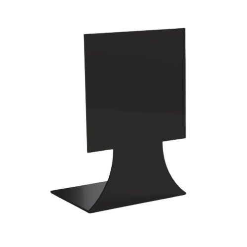 A glossy black ABS plastic deli label stand with a 100mm x 100mm display face.