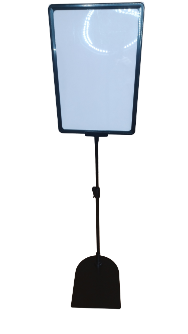 An adjustable promo stand with an A4 frame and a protective sleeve, displaying a white paper insert