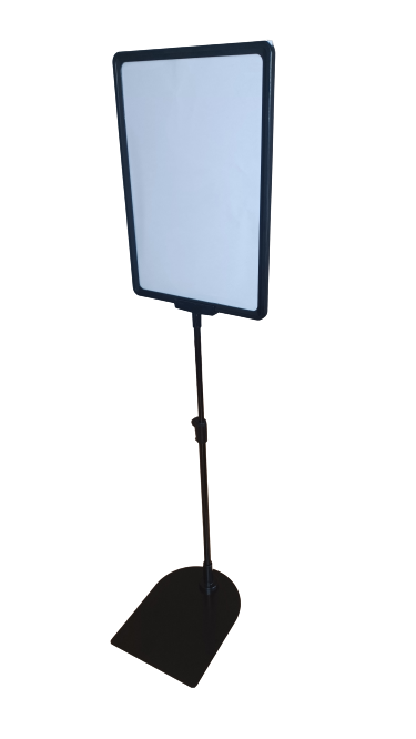 side profile of a adjustable promo stand with an A4 frame and a protective sleeve, displaying a white paper insert