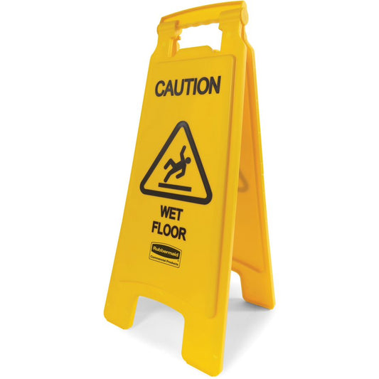 A yellow A-frame caution sign with the text 'CAUTION WET FLOOR' and a symbol of a person slipping on a wet floor.